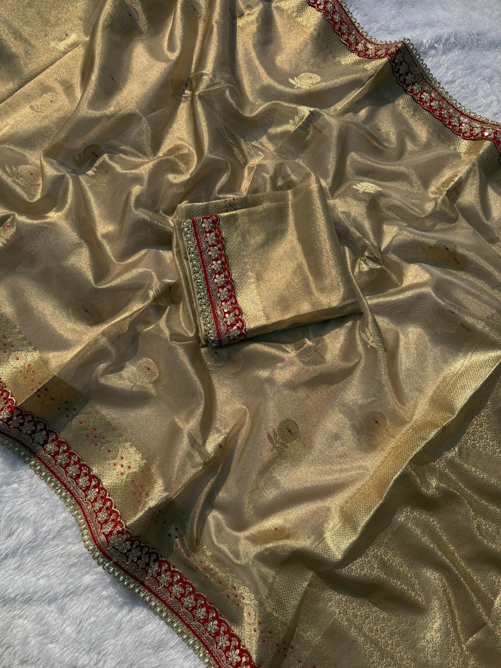 Red velvet lace tissue saree - Image 3