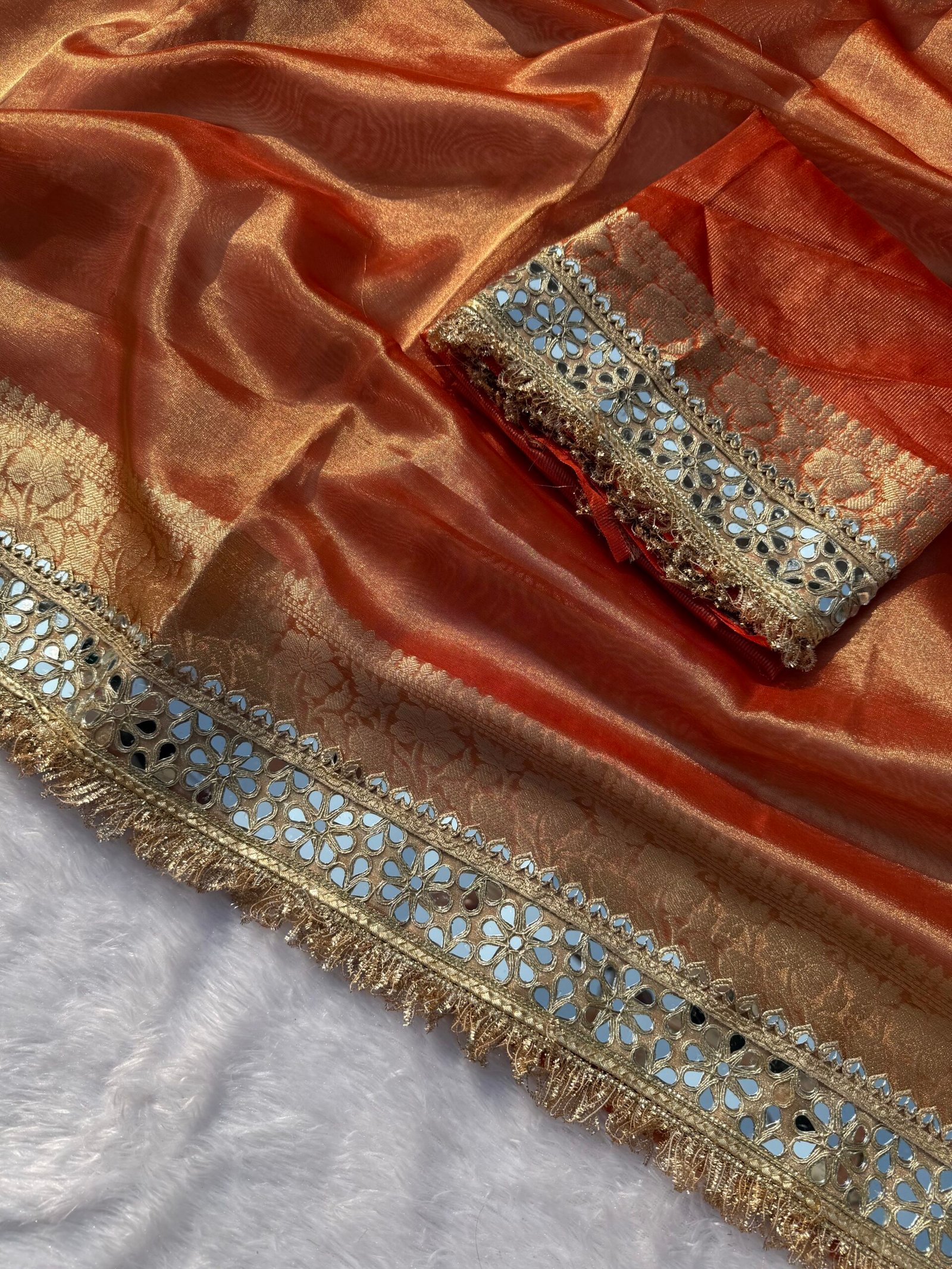 Orange tissue saree with lace - Image 2