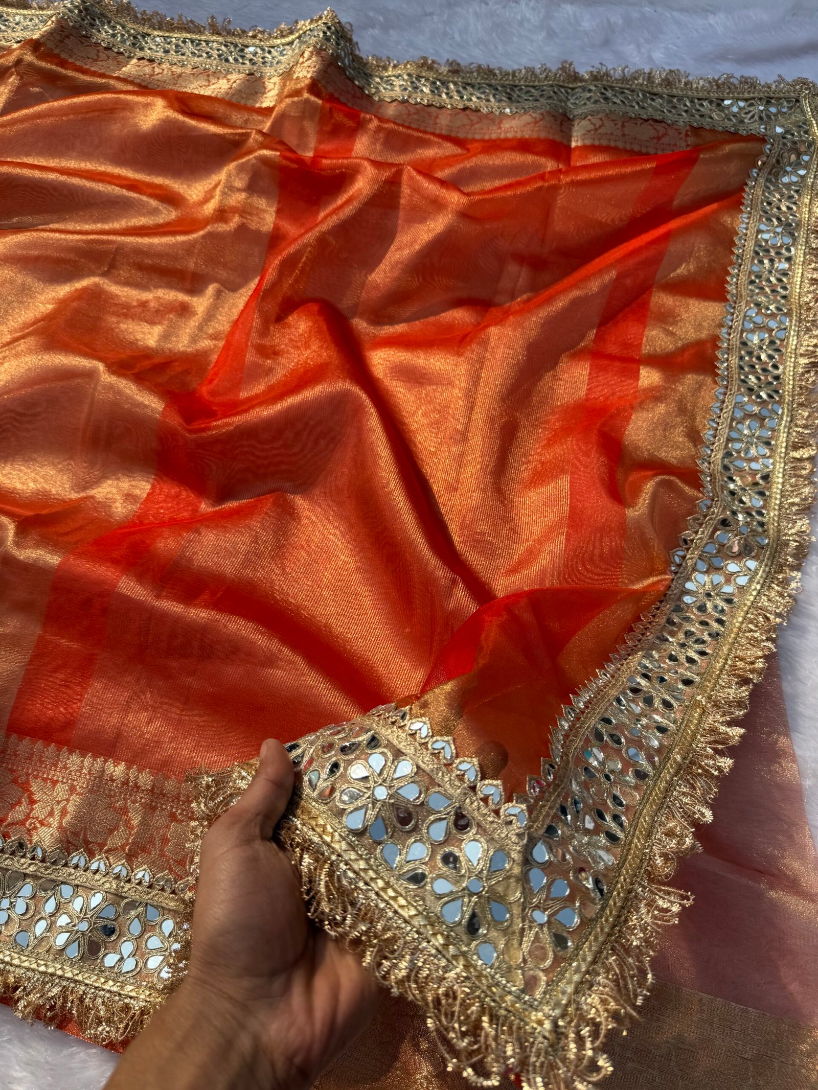 Orange tissue saree with lace - Image 3