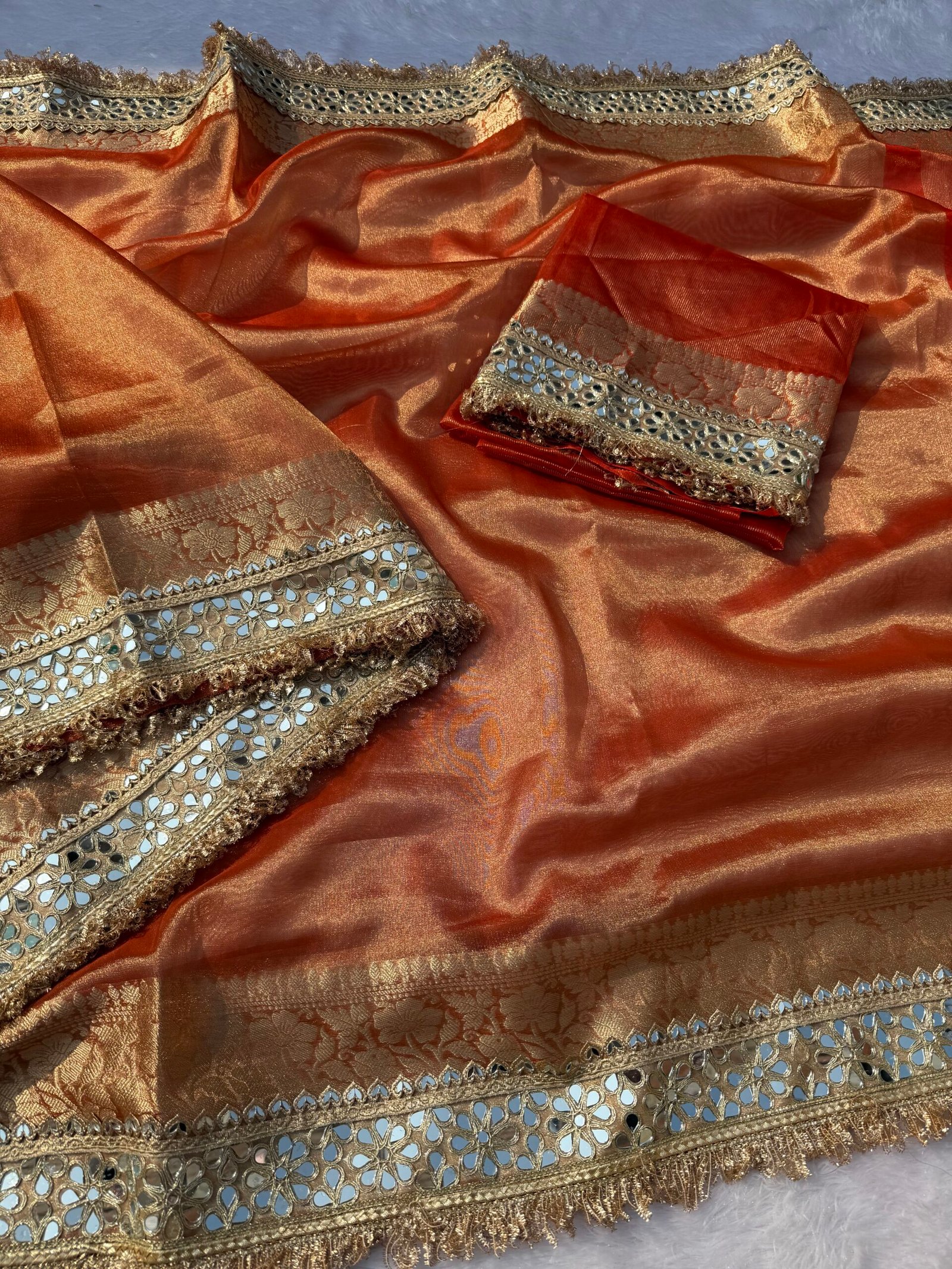 Orange tissue saree with lace - Image 4