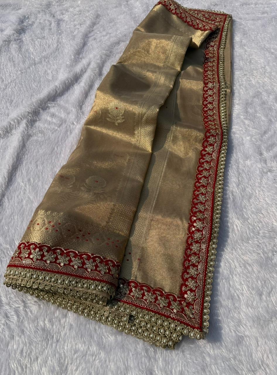 Red velvet lace tissue saree