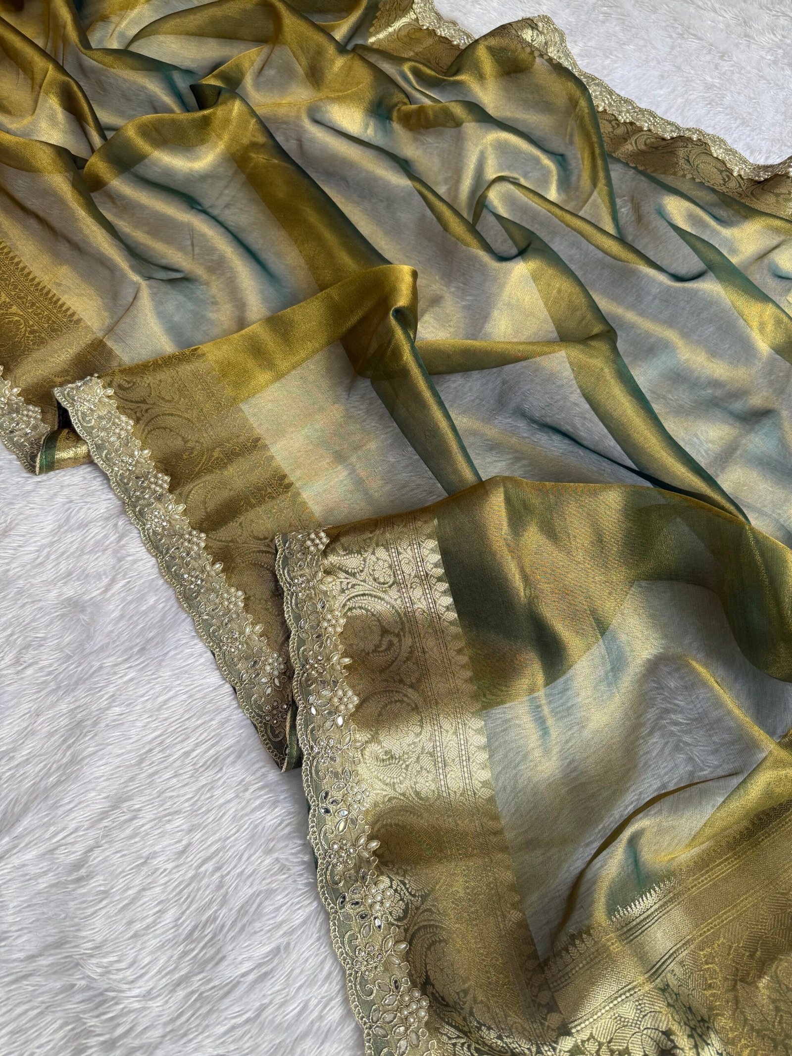 Olive green color shade Premium banarasi tissue saree