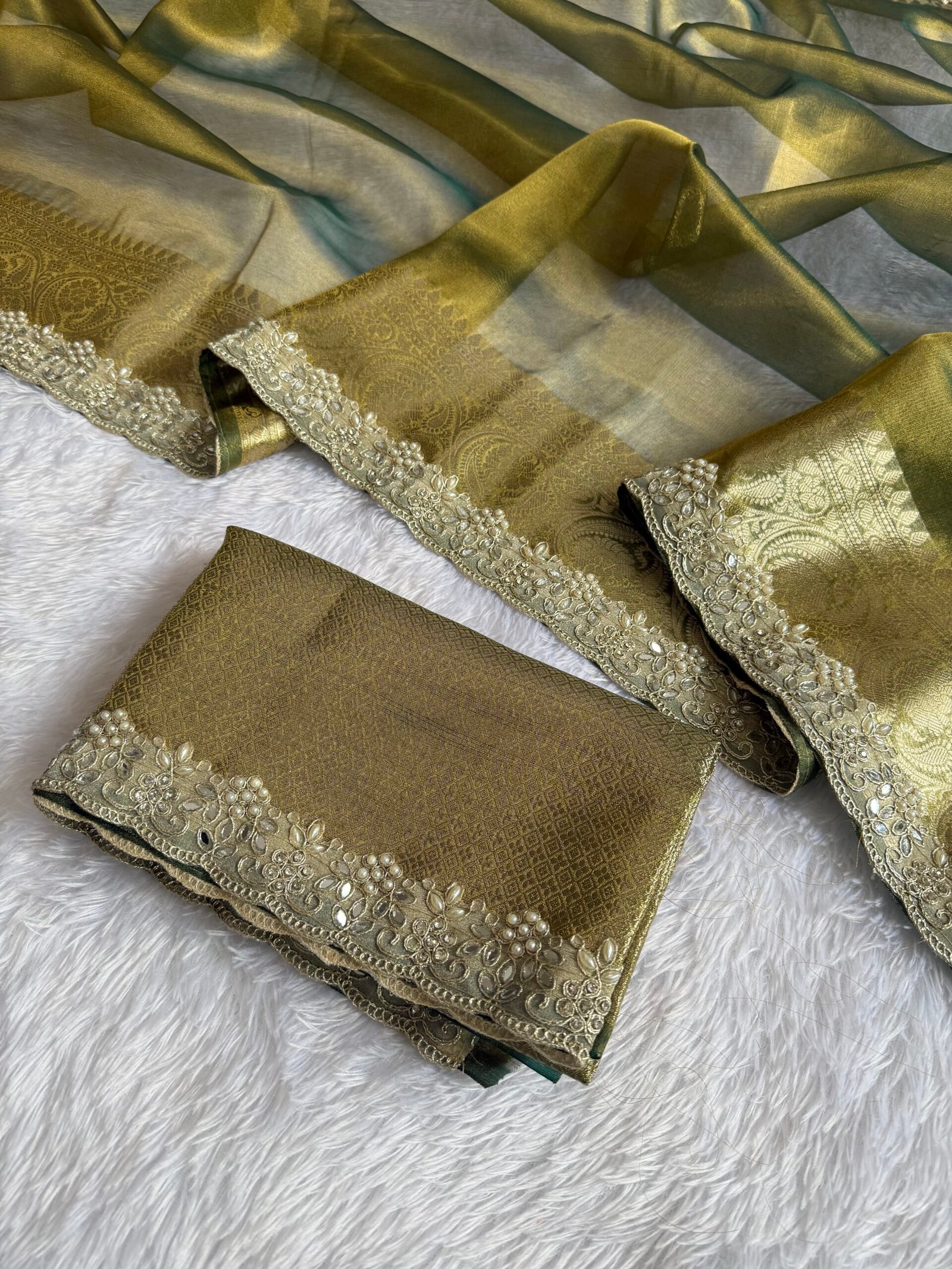 Olive green color shade Premium banarasi tissue saree - Image 4