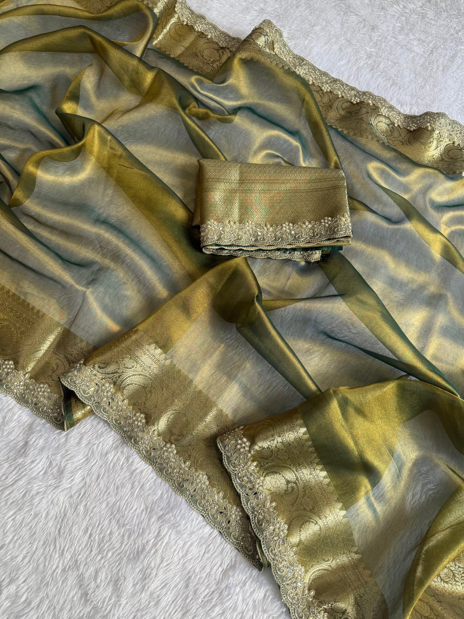 Olive green color shade Premium banarasi tissue saree - Image 5