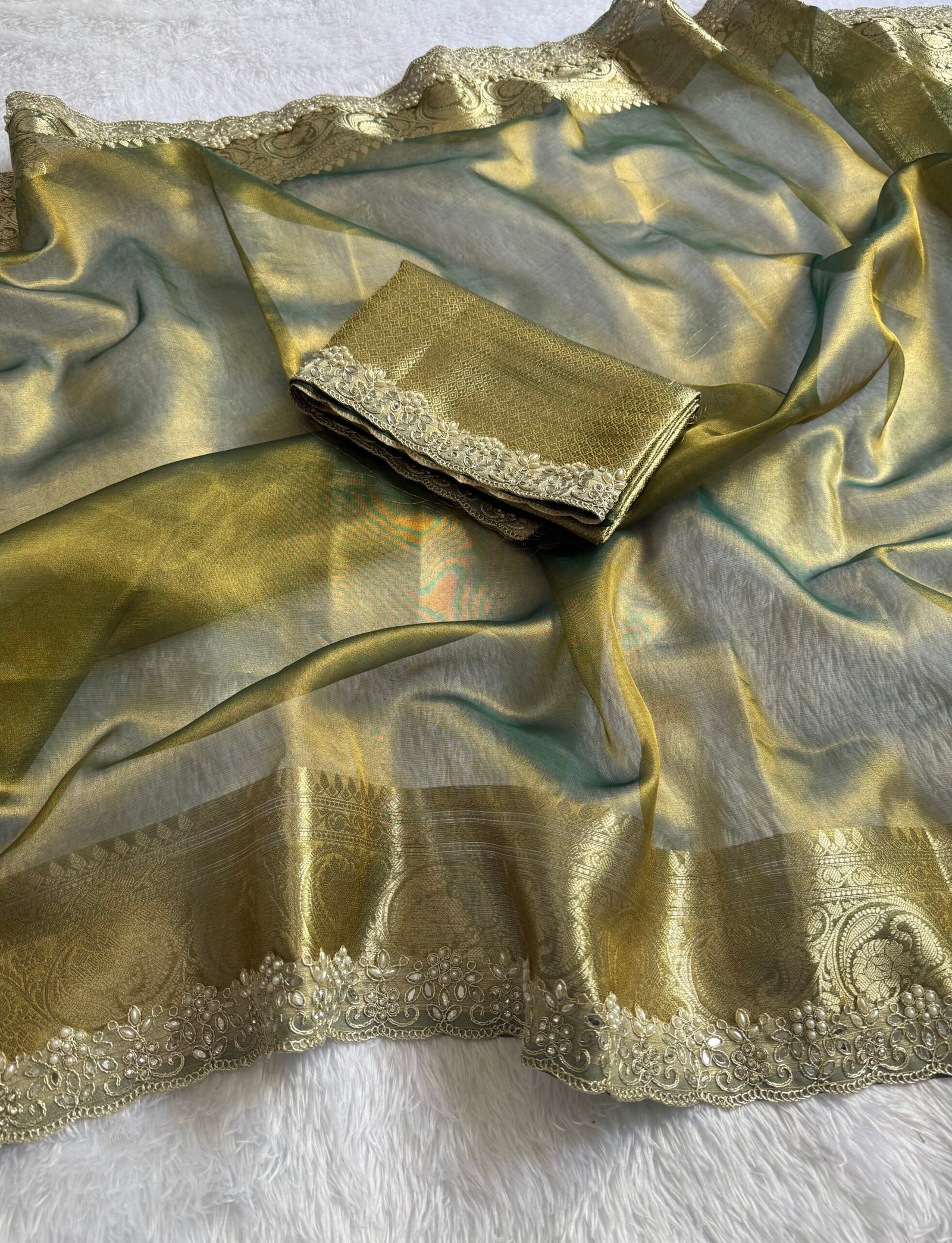 Olive green color shade Premium banarasi tissue saree - Image 2