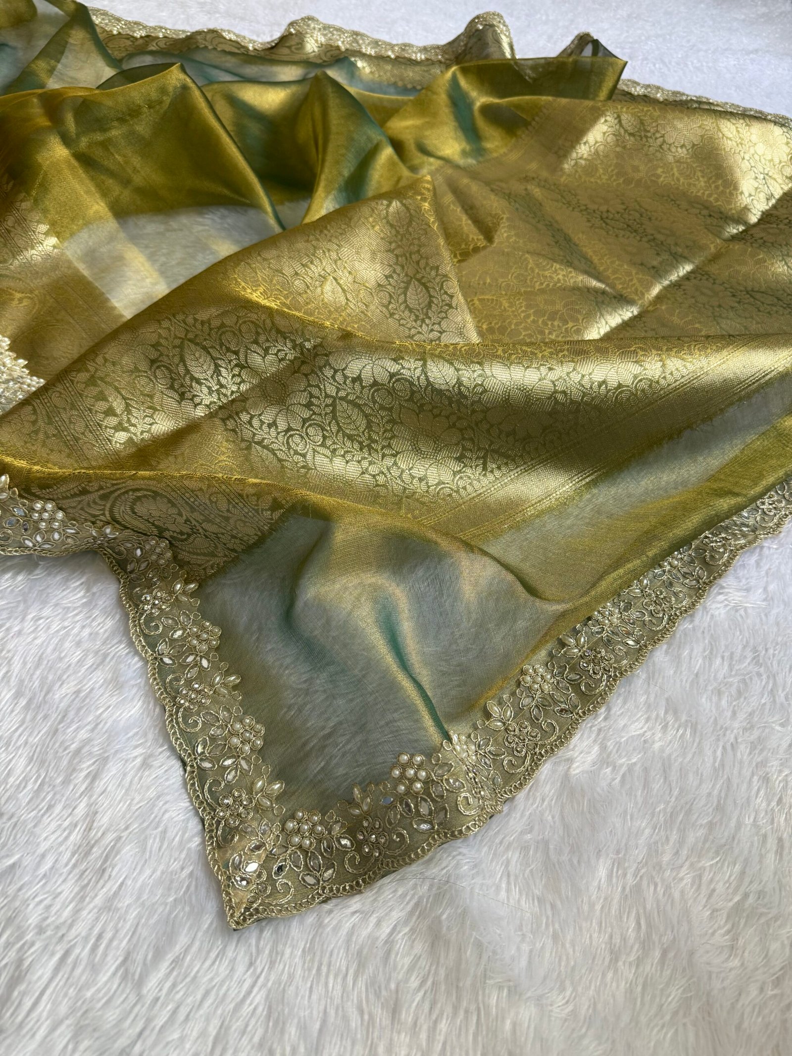 Olive green color shade Premium banarasi tissue saree - Image 3