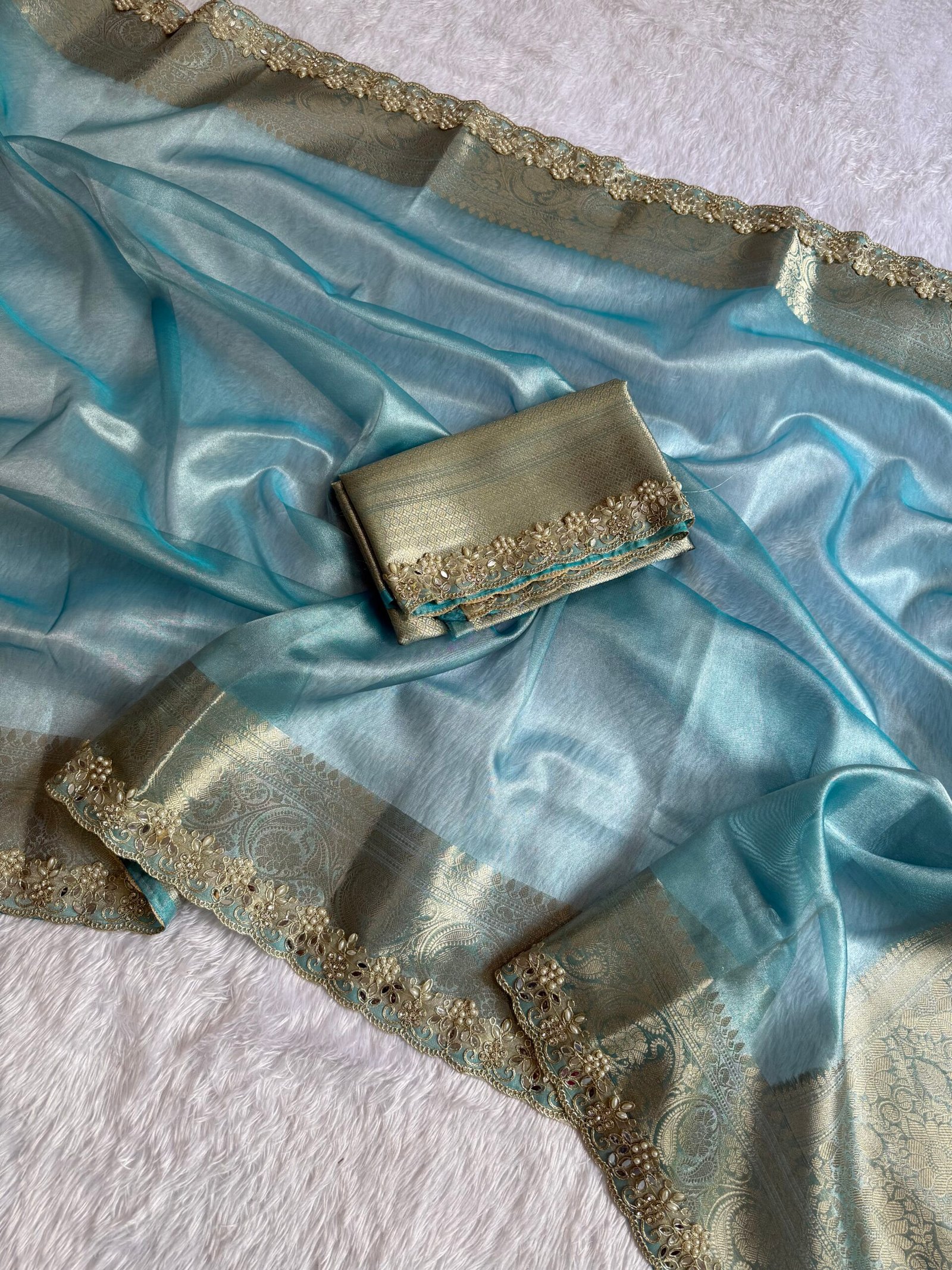 Sky color shade Premium banarasi tissue saree - Image 4
