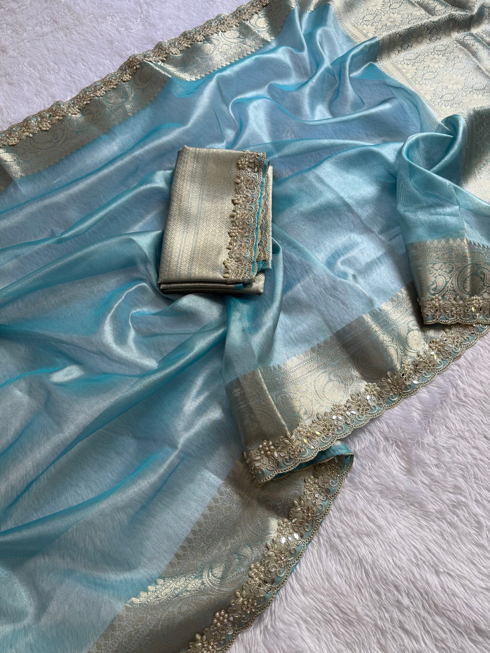 Sky color shade Premium banarasi tissue saree - Image 3