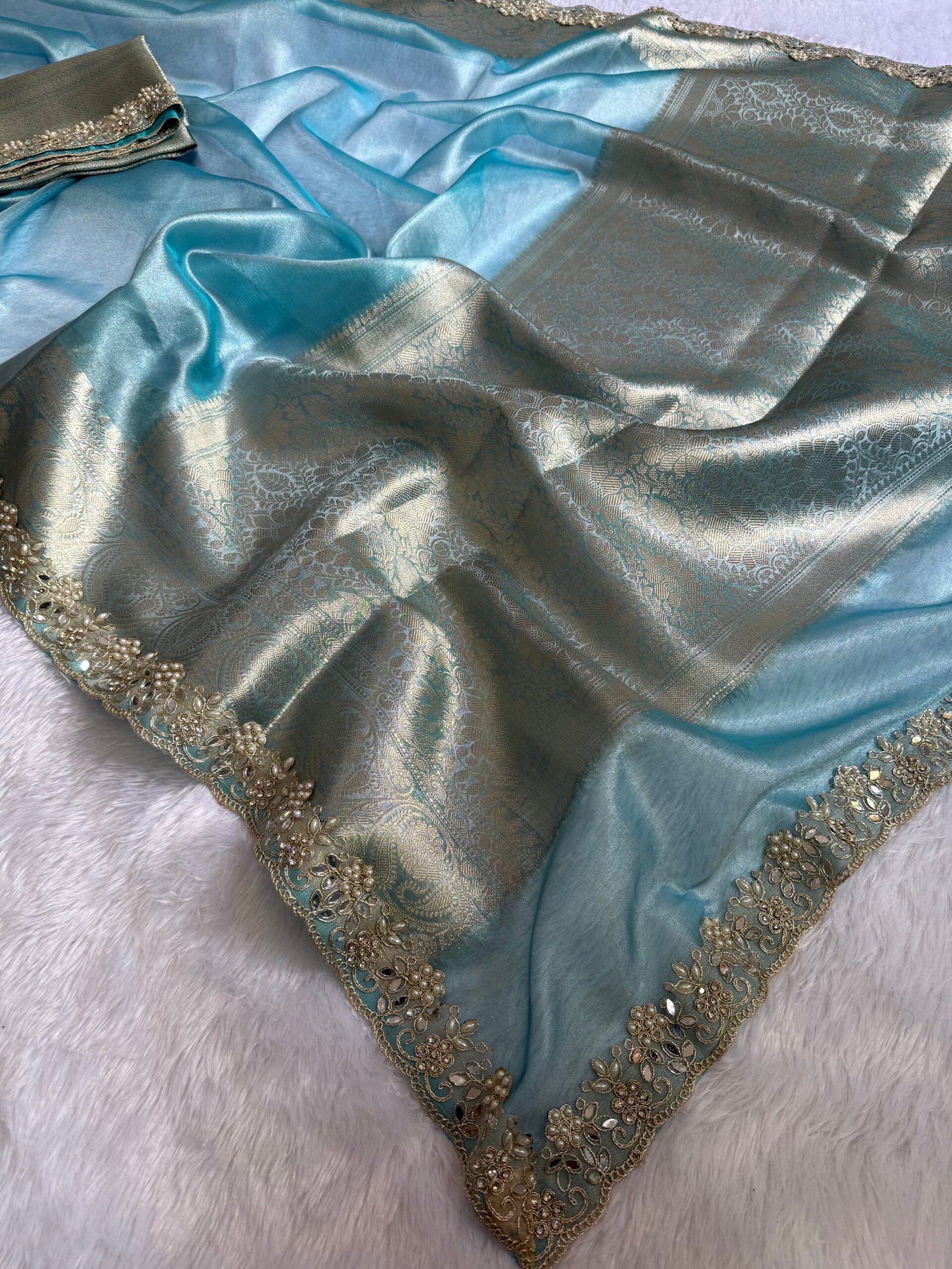 Sky color shade Premium banarasi tissue saree - Image 2