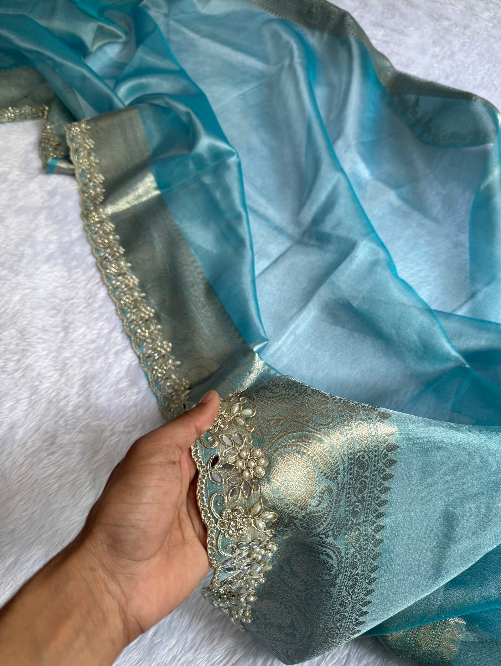 Sky color shade Premium banarasi tissue saree - Image 5